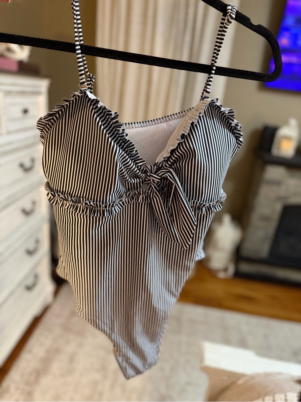 SHEIN Black and White Striped Ruffle One-Piece Swimsuit